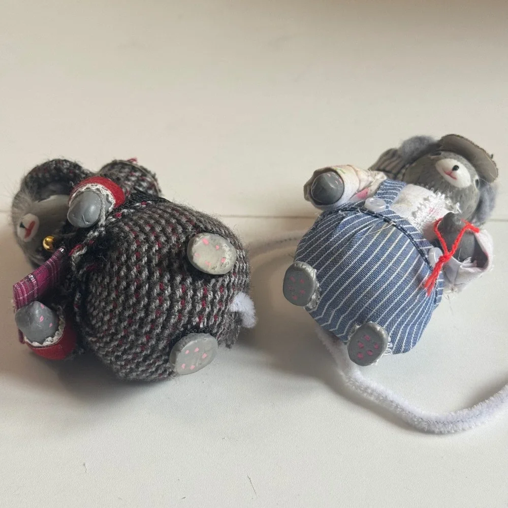 Vintage Christmas Mouse Figurines Set of 2 Festive Grey Mice Holiday Decor 4in
